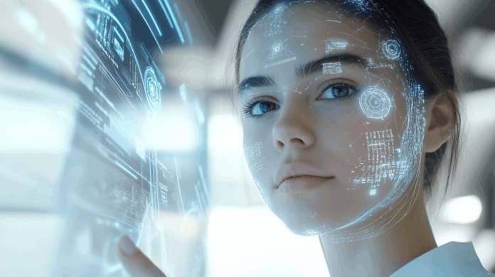 Profissional trabalhando com tecnologias avançadas que ilustram o futuro da inteligência artificial no ambiente corporativo.