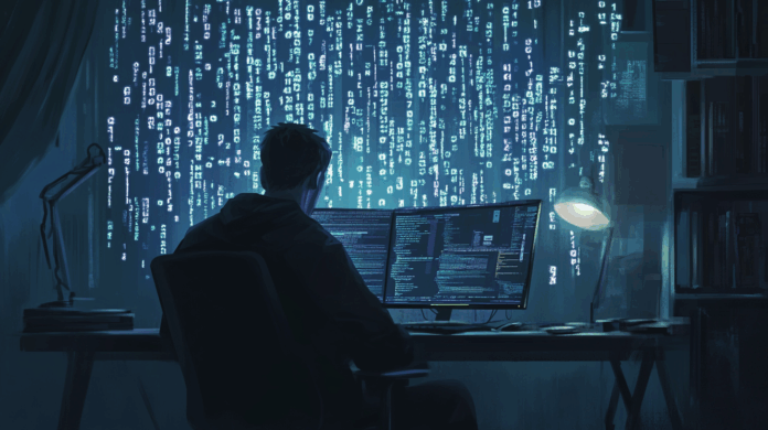 Ciberataques no setor financeiro representados por hacker operando múltiplas telas com códigos e dados em ambiente escuro