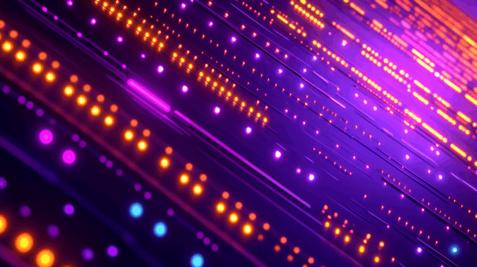 Representação visual da tecnologia Li-Fi com luzes LED roxas e laranjas transmitindo dados por meio de comunicação via luz