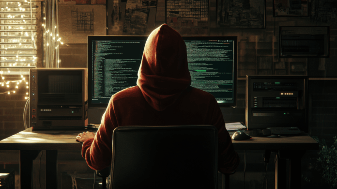 Hacker realizando ataque de engenharia social em frente a múltiplas telas com códigos, representando ameaças à segurança digital.