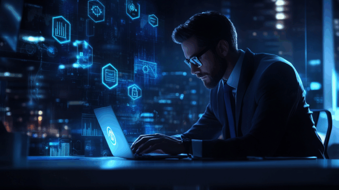 Profissional em ambiente corporativo demonstrando como se proteger de ciberataques com uso de tecnologias de segurança digital e criptografia