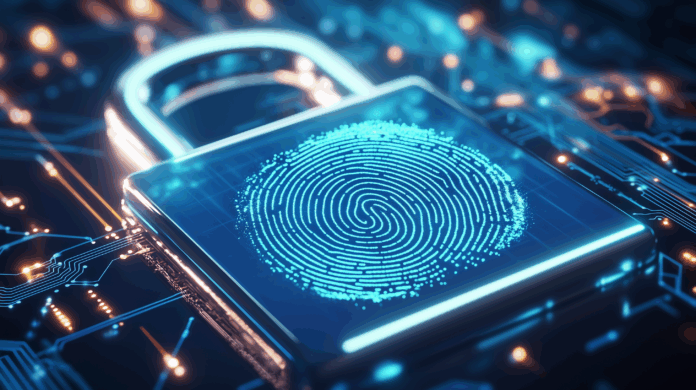 Uma impressão digital detalhada em um cadeado moderno, cercada por circuitos digitais brilhantes e um ambiente de alta tecnologia, tema de segurança cibernética. Privacidade