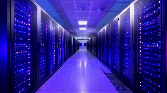 centro de dados (data center) moderno com fileiras de racks de servidores brilhantes, iluminação realista, sem pessoas