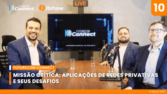 Foto dos executivos Alexandre Vallejo e Leandro Galante durante gravação do podcast Futurecom Connect, debatendoredes privadas e transformação digital em ambientes industriais