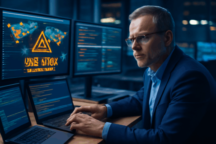 Fotografia realista de um profissional de segurança cibernética trabalhando em um escritório moderno, com vários monitores exibindo dados e alertas de ataques DDoS direcionados ao setor financeiro.