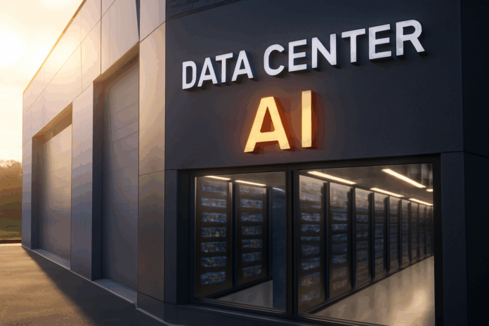 Fotografia realista do exterior de um moderno data center, com arquitetura de ponta e infraestrutura tecnológica, representando a expansão e o foco em Inteligência Artificial e inovação.