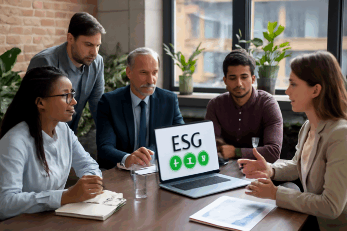 Fotografia realista de um ambiente de negócios com um grupo diversificado de profissionais discutindo práticas ESG, incluindo ações ambientais, sociais e de governança. O cenário inclui um escritório moderno com plantas verdes e tecnologia, refletindo um ambiente profissional e sustentável.