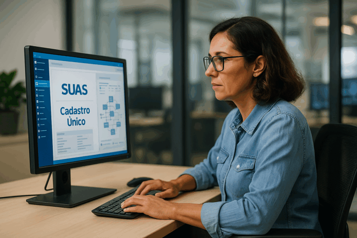 Fotografia realista de um assistente social em um escritório moderno, visualizando a tela de um computador que exibe o sistema integrado de dados do SUAS e Cadastro Único (CadÚnico). A imagem representa a combinação de assistência social e tecnologia, com ênfase na eficiência, segurança e acesso a dados em tempo real.