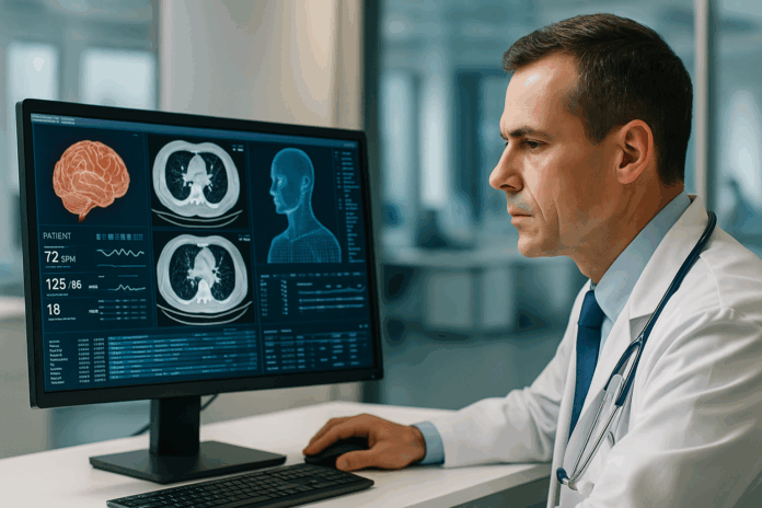Inteligência Artificial na Saúde: médico avalia exames com apoio de inteligência artificial em ambiente hospitalar moderno
