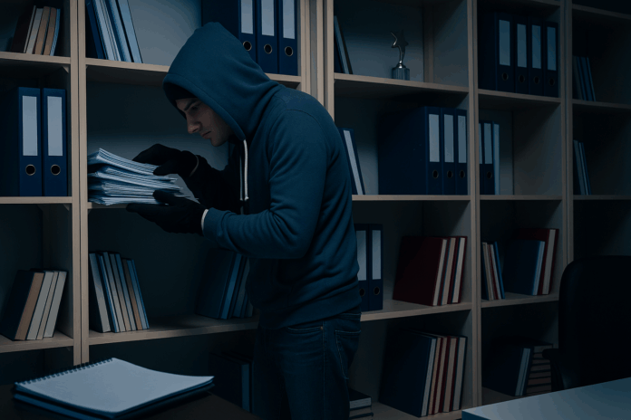 Pessoa com capuz vasculhando documentos em estante, representando espionagem industrial.