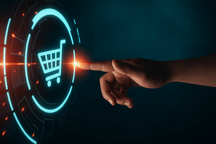 Mão tocando ícone digital de carrinho de compras, simbolizando tecnologia com IA generativa.