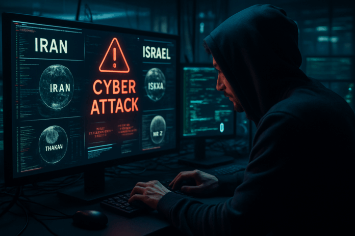 Fotografia realista de um hacker em um ambiente digital de alta tecnologia, com várias telas exibindo notificações de ciberataques e dados criptografados, representando a guerra cibernética entre Irã e Israel.