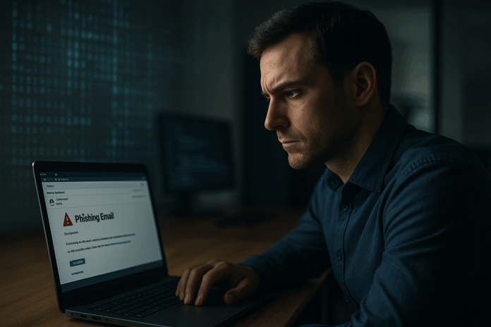 Profissional de cibersegurança analisando spams maliciosos gerados por inteligência artificial em seu laptop, com foco em identificar riscos ocultos.