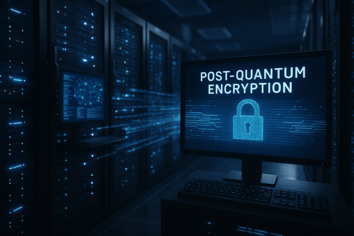 Fotografia realista de um Commvault data center moderno com sistemas criptográficos avançados em operação, representando a criptografia pós-quântica para proteção de dados sensíveis contra ameaças futuras.