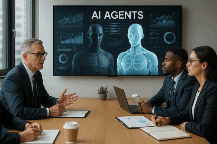 Fotografia realista de uma reunião empresarial moderna, onde quatro executivos estão discutindo estratégias enquanto dois agentes de IA são projetados em uma tela grande, exibindo visualizações de dados complexos e algoritmos de decisão.