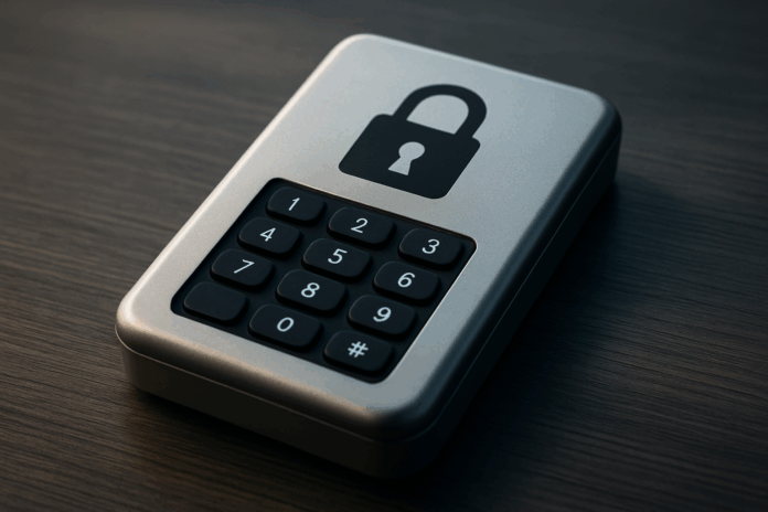Cofre de senhas digital prateado com teclado numérico em close sobre superfície de madeira escura, representando segurança criptografada de credenciais.