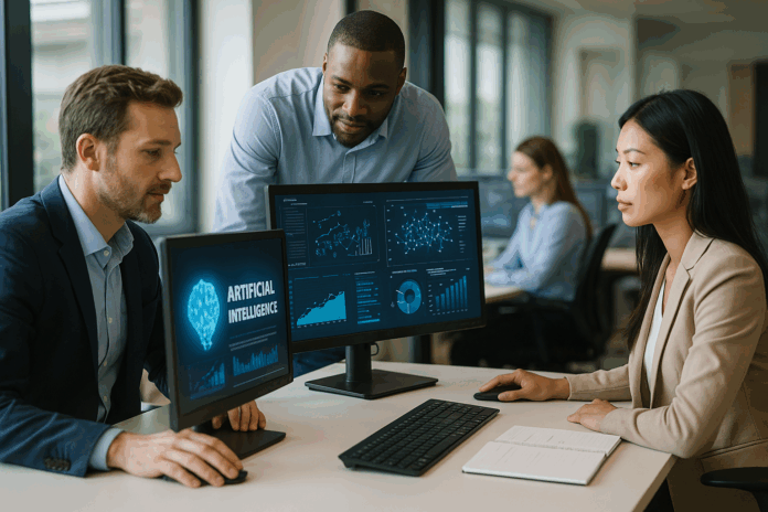 Ambiente corporativo moderno com profissionais de tecnologia utilizando sistemas de inteligência artificial em computadores, representando o crescimento acelerado da IA nos negócios.