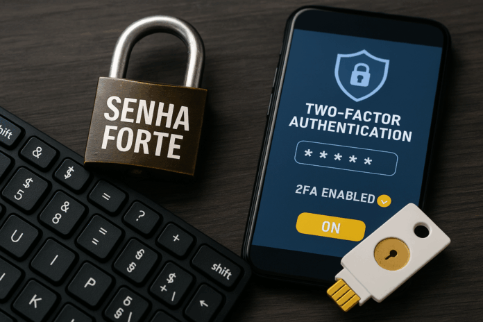 Fotografia realista destacando elementos de segurança cibernética, como um computador com tela de autenticação em duas etapas, um gerenciador de senhas e símbolos de proteção digital, representando a importância da proteção de dados pessoais e contas online.
