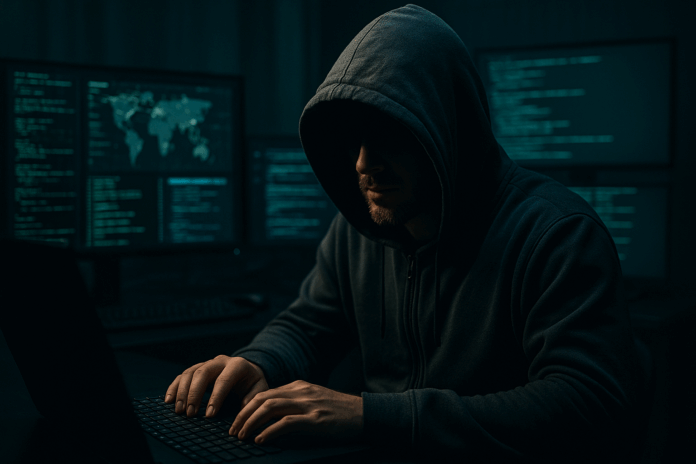 Imagem de um hacker em um ambiente sombrio, com telas exibindo códigos e mapas, representando o tema da cibersegurança.