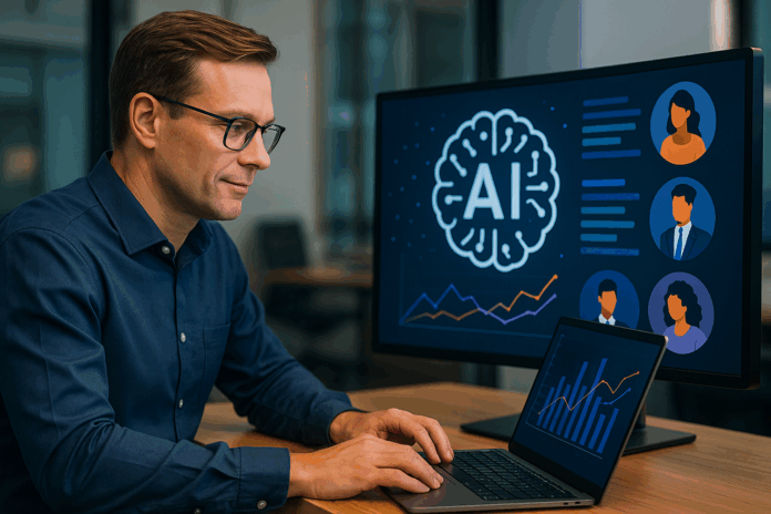 Fotografia realista de um ambiente de trabalho profissional, com um CIO interagindo com ferramentas digitais e representações visuais de IA, como gráficos ou personas, destacando a integração estratégica da IA nos negócios
