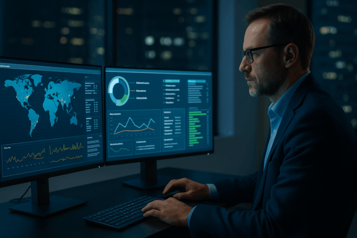 Teste de penetração contínuo sendo executado por profissional de segurança em ambiente corporativo com dashboards de ciberameaças e análise de risco.