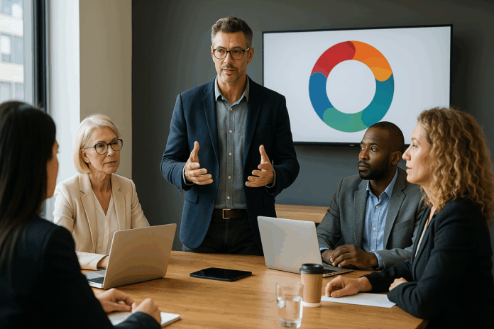 Microsoft Solutions Framework representado em reunião estratégica com executivos discutindo o ciclo de vida de projetos em ambiente corporativo.