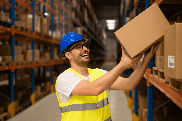 Trabalhador em armazém movimentando uma caixa sorridente entre prateleiras industriais, representando o impacto das tarifas EUA-China na cadeia de suprimentos.