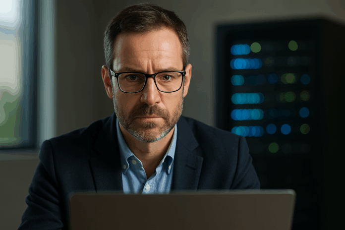 Profissional de tecnologia focado em análise de dados em ambiente de data center, representando a transformação digital dos ISPs 4.0.