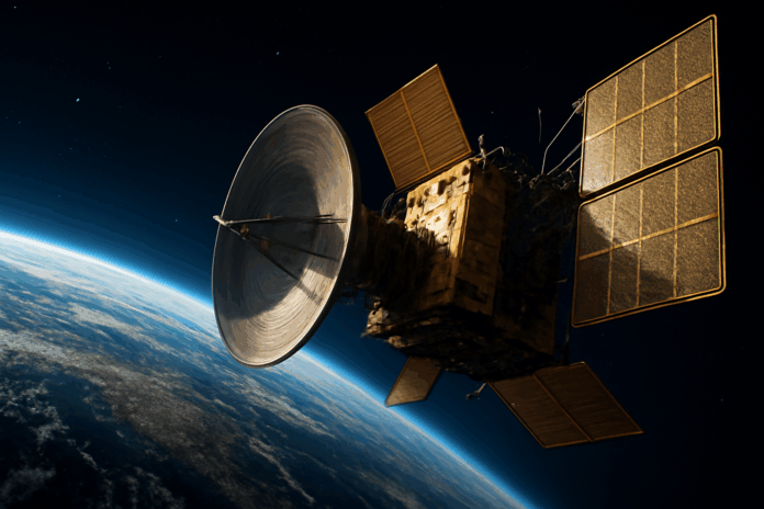 Imagem de satélite em órbita, representando a tecnologia de internet via satélite de alta velocidade, com painéis solares dourados refletindo a luz do sol sobre a Terra.