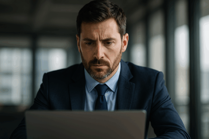 Profissional de tecnologia com foco em análise de IA generativa no setor de ISPs, concentrado diante de um laptop em ambiente corporativo moderno.