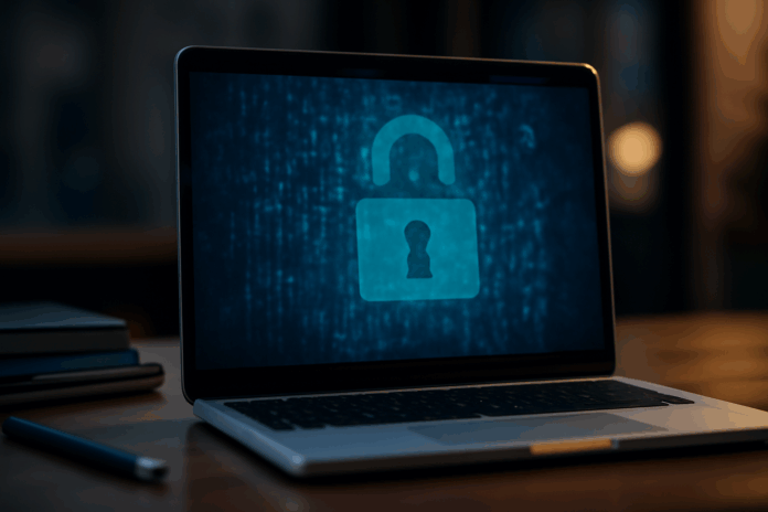 Tela de laptop com código binário e ícone de cadeado: A imagem mostra um laptop com tela exibindo código binário azul e um ícone de cadeado aberto, com uma iluminação suave em um fundo de ambiente ameno.