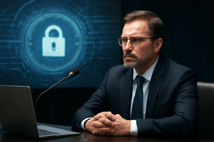 Imagem realista de um homem profissional em traje azul, focado em um laptop e microfone, com uma tela digital ao fundo exibindo um ícone de cadeado, representando a cibersegurança em um ambiente de trabalho.