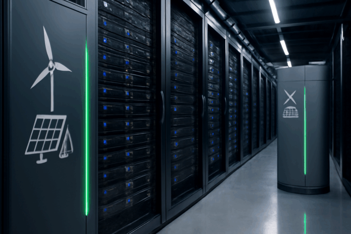 Fotografia realista de um data centers global, com servidores modernos e consumo de energia, destacando fontes de energia renovável e tecnologia avançada.