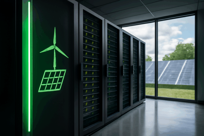 Fotografia realista de um data center moderno, com servidores pretos iluminados por LEDs verdes, simbolizando fontes de energia renovável, e sistemas de energia sustentável ao fundo.