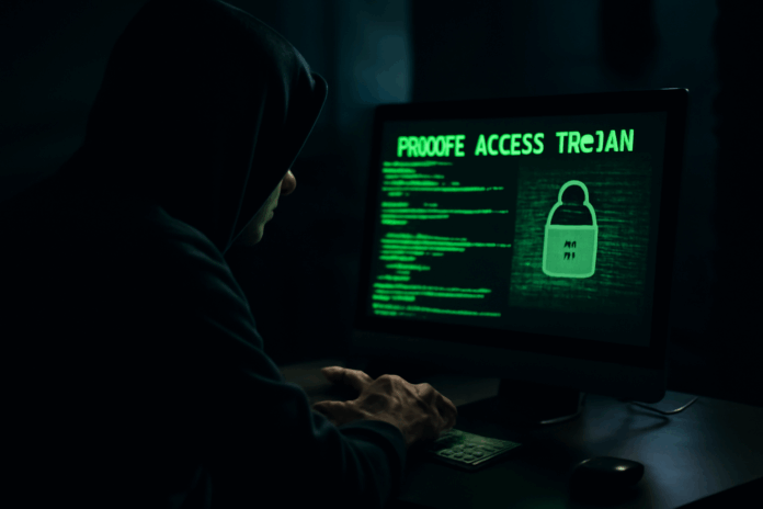 Imagem realista de um hacker acessando remotamente um computador através de um Trojan de Acesso Remoto, com uma tela de computador exibindo códigos, simbolizando a ameaça cibernética.