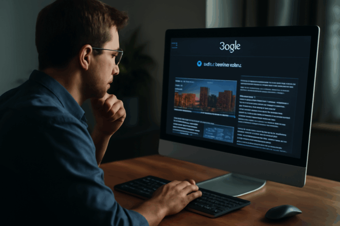 Imagem realista de uma pessoa interagindo com a tela do Google Gemini Live, discutindo um vídeo ou documento. A tela do computador está iluminada e mostra dados complexos sendo analisados, em um ambiente de trabalho moderno e profissional.