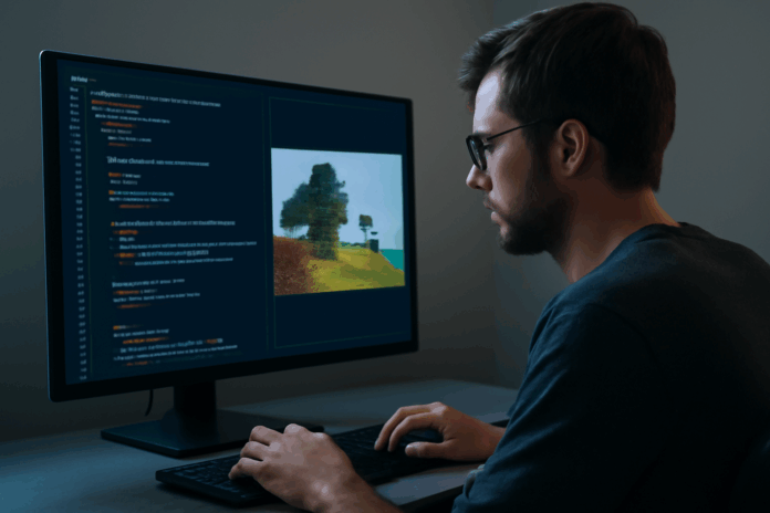 Imagem realista de um desenvolvedor trabalhando com a interface do Google Gemini Kingfall na tela do computador, exibindo código complexo e elementos de design de jogos. O ambiente de trabalho é moderno, com foco na concentração do desenvolvedor e na tela iluminada.