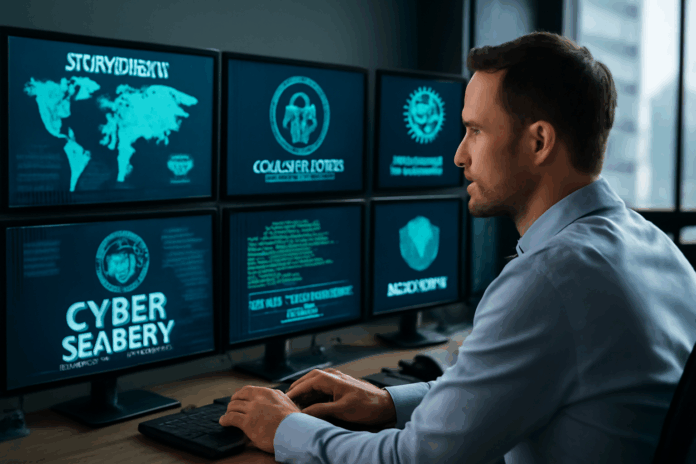 Fotografia realista de um especialista em cybersecurity trabalhando em um escritório moderno, diante de vários monitores exibindo dados detalhados sobre ameaças cibernéticas baseadas em IA