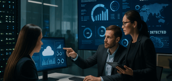 ISO 27001: Especialistas de cibersegurança monitorando ameaças digitais em centro operacional moderno, simbolizando conformidade e gestão de riscos.