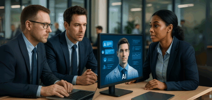 Agentes de IA colaboram com profissionais em ambiente corporativo moderno, exibidos em tela como assistentes virtuais com dados em tempo real