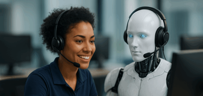 Anatel lança novo sistema, onde a imagem mostra operadora de SAC e robô com fones de ouvido trabalhando juntos diante de um computador, representando a integração entre humanos e IA no atendimento