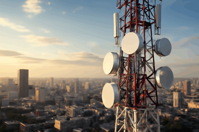 Uma torre de telecomunicações vermelha e branca se destaca contra o horizonte urbano ao entardecer, com antenas e pratos de micro-ondas visíveis, representando o crescimento das MVNOs no setor de telecomunicações.