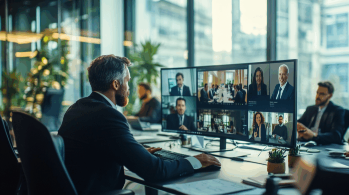 Liderança em ambiente corporativo: executivo experiente conduzindo uma reunião virtual com colegas multinacionais em um escritório moderno, destacando a colaboração digital.