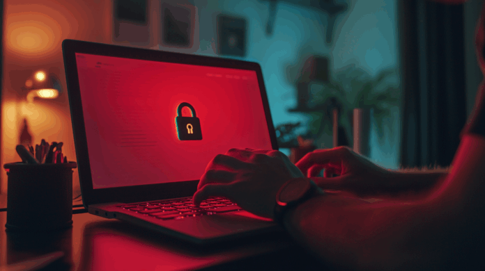 WannaCry: Homem trabalhando em seu laptop, com um fundo vermelho e ícone de cadeado na tela, simbolizando o ataque de ransomware. O ambiente de trabalho é escuro.