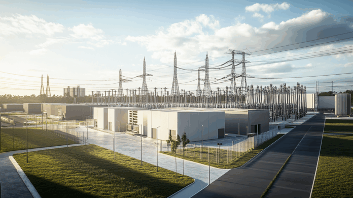 ONS aprova data centers no Ceará conectados à rede elétrica, com prédios industriais e subestação de energia visíveis sob céu claro.