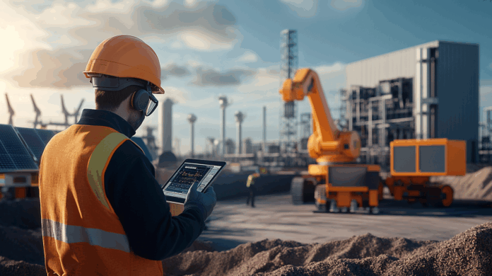 Redes móveis privadas sendo utilizadas em um ambiente industrial com engenheiros monitorando máquinas autônomas via tablets e infraestrutura 5G visível ao fundo.