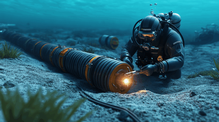 Cabos submarinos instalados no leito marinho com mergulhador realizando manutenção usando equipamento de respiração e ferramentas subaquáticas.