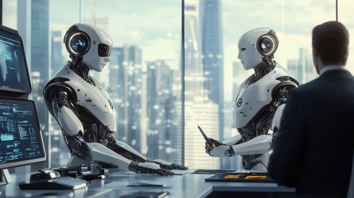 IA Agentic e IA Generativa retratadas por robôs em um escritório moderno, com IA Agentic tomando decisões e IA Generativa gerando conteúdo sob comando.