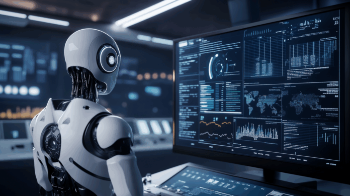 Incidentes analisados por robô de IA diante de monitor com gráficos em tempo real em um centro de operações de TI moderno e automatizado.