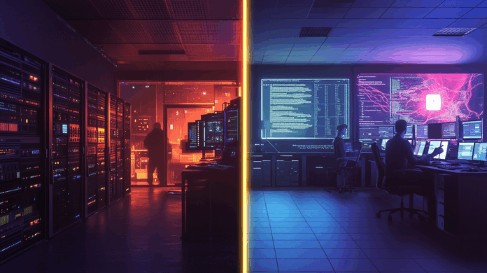 Obsolescência tecnológica ilustrada por contraste entre sala com sistemas antigos e equipe de TI modernizando plataformas digitais com cloud e APIs.